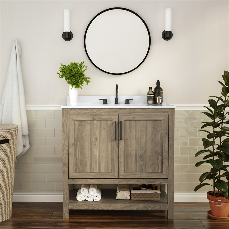 36 Inch Bathroom Vanity with Undermount Sink and Open Storage Shelf in Brown