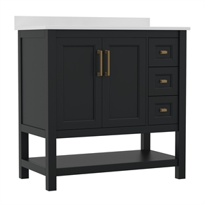 36 Inch Bathroom Vanity with Sink Open Storage and Storage Drawers in Blk/Gold