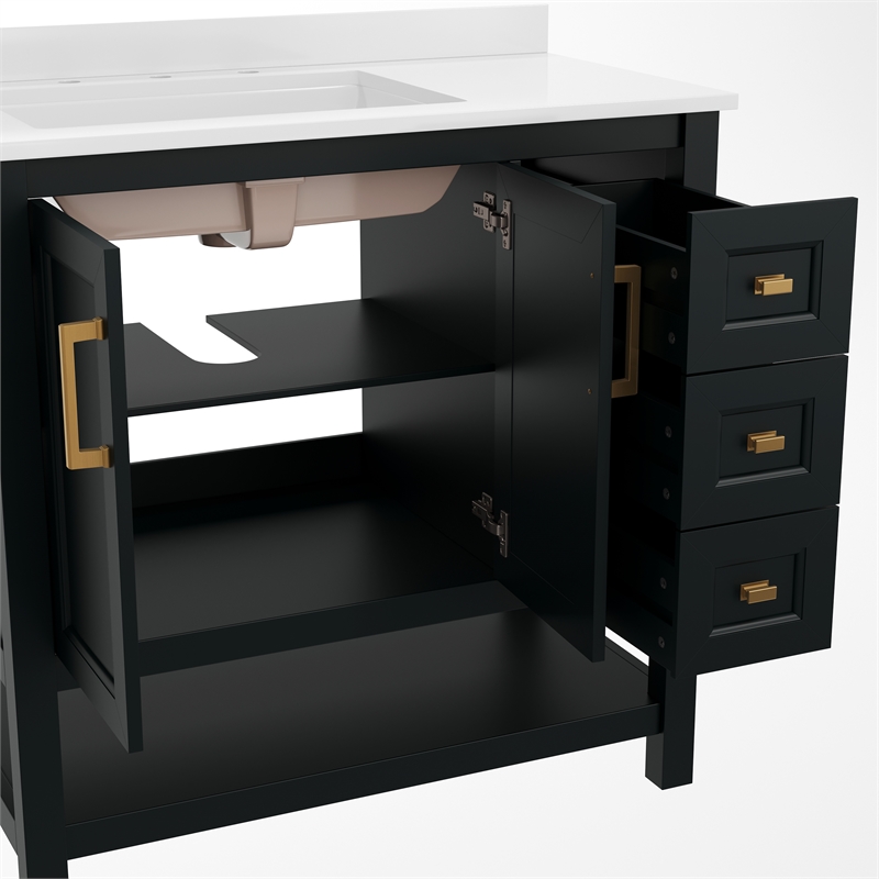 36 Inch Bathroom Vanity with Sink Open Storage and Storage Drawers in Blk/Gold