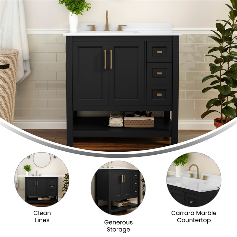 36 Inch Bathroom Vanity with Sink Open Storage and Storage Drawers in Blk/Gold