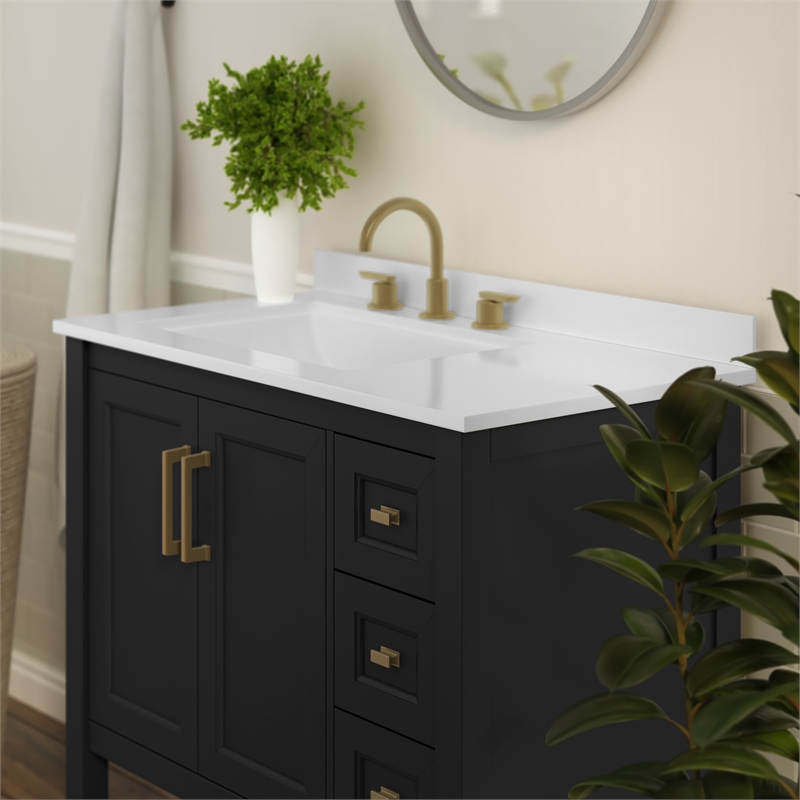 36 Inch Bathroom Vanity with Sink Open Storage and Storage Drawers in Blk/Gold