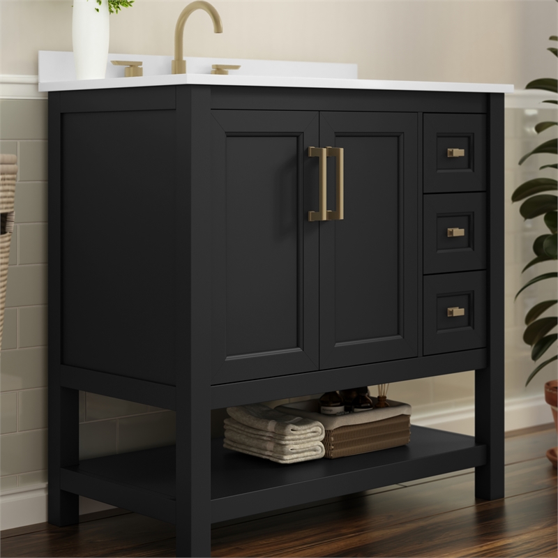 36 Inch Bathroom Vanity with Sink Open Storage and Storage Drawers in Blk/Gold