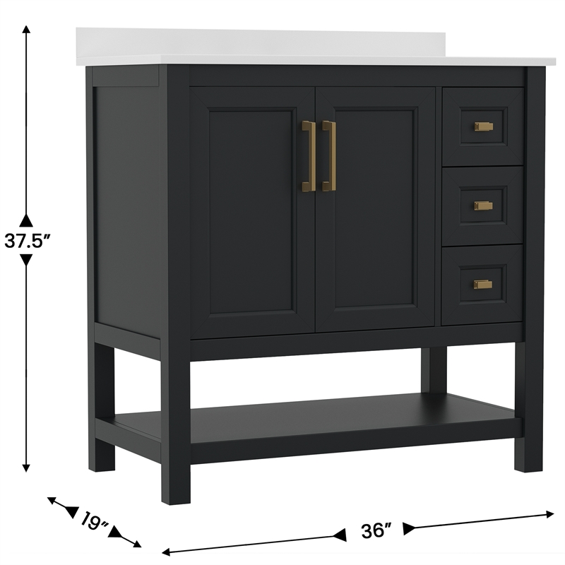 36 Inch Bathroom Vanity with Sink Open Storage and Storage Drawers in Blk/Gold