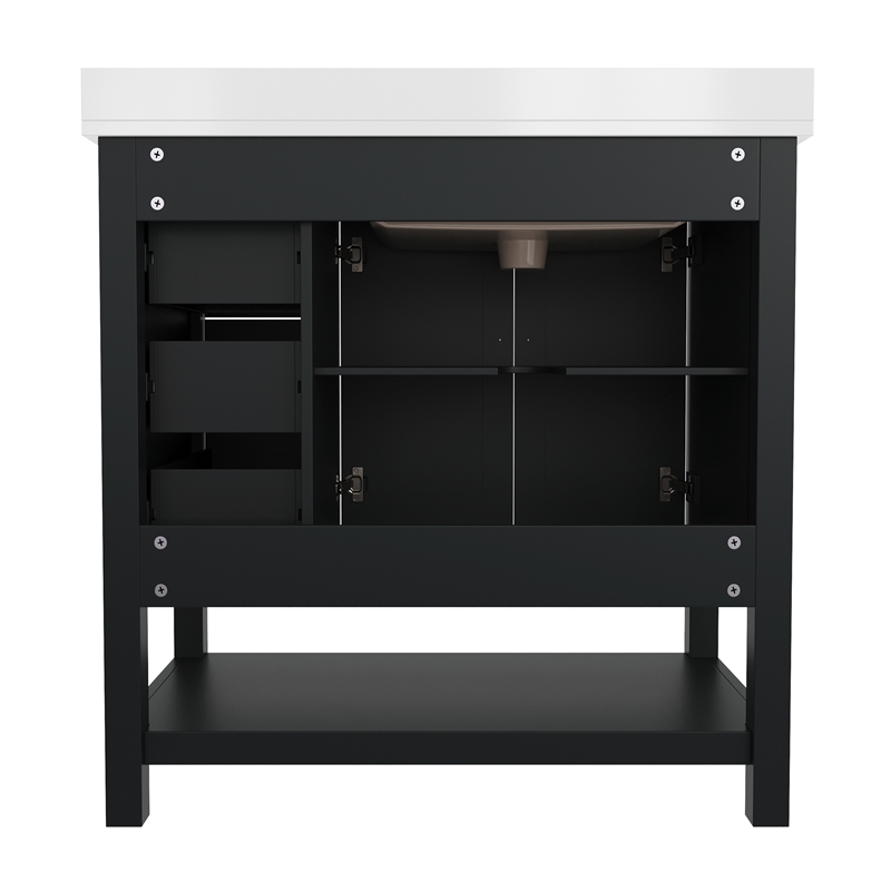 36 Inch Bathroom Vanity with Sink Open Storage and Storage Drawers in Blk/Gold