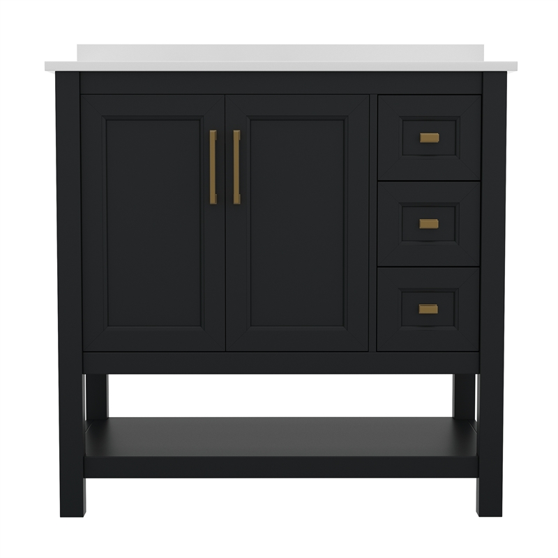 36 Inch Bathroom Vanity with Sink Open Storage and Storage Drawers in Blk/Gold