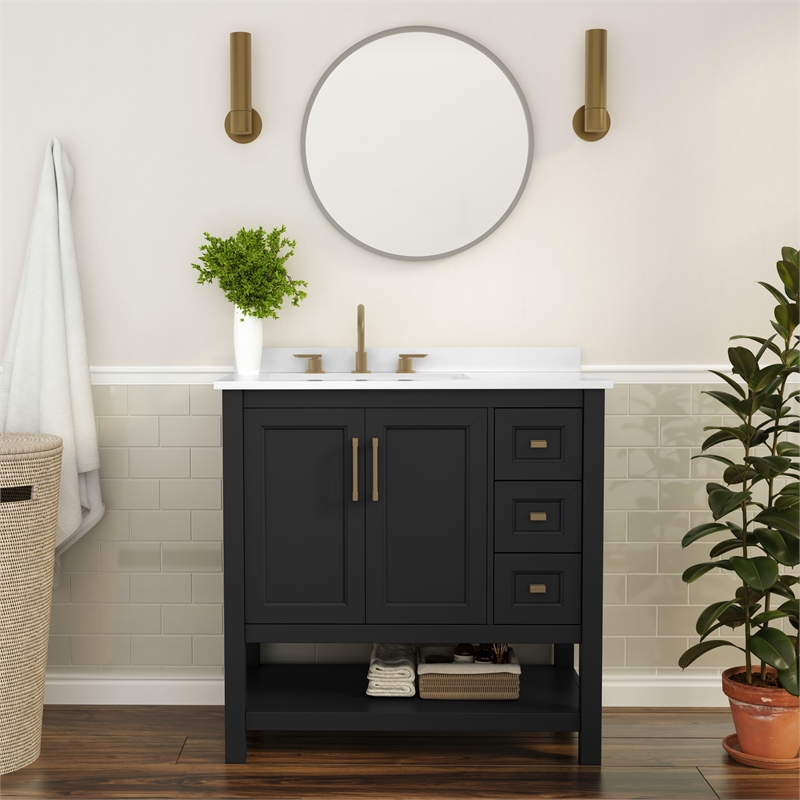 36 Inch Bathroom Vanity with Sink Open Storage and Storage Drawers in Blk/Gold