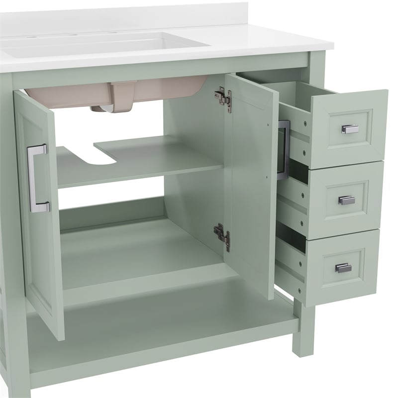 36 Inch Bathroom Vanity with Sink Open Storage and Storage Drawers in Sage
