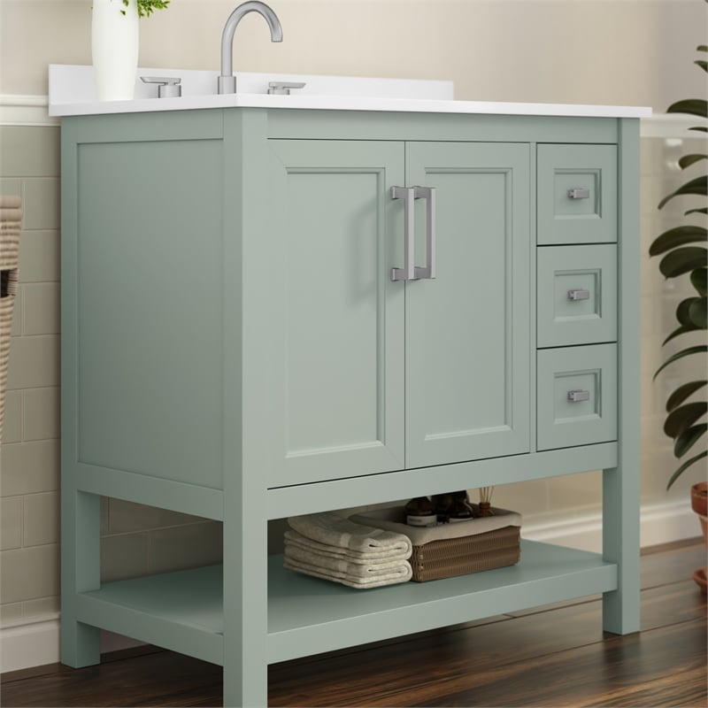 36 Inch Bathroom Vanity with Sink Open Storage and Storage Drawers in Sage