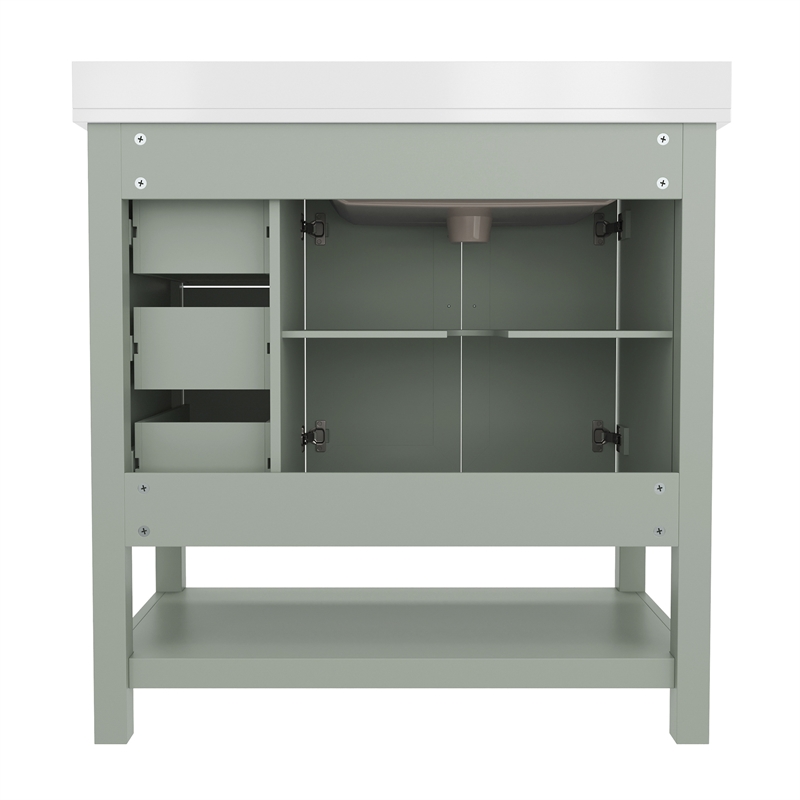 36 Inch Bathroom Vanity with Sink Open Storage and Storage Drawers in Sage