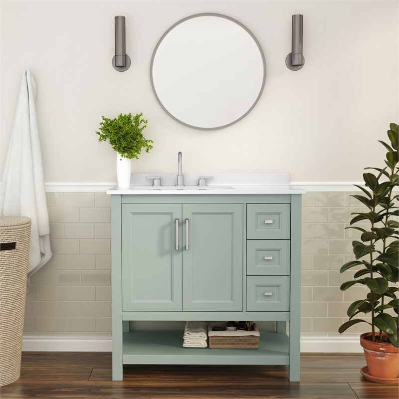 36 Inch Bathroom Vanity with Sink Open Storage and Storage Drawers in Sage