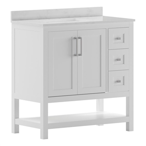 36 Inch Bathroom Vanity with Sink Open Storage and Storage Drawers in White