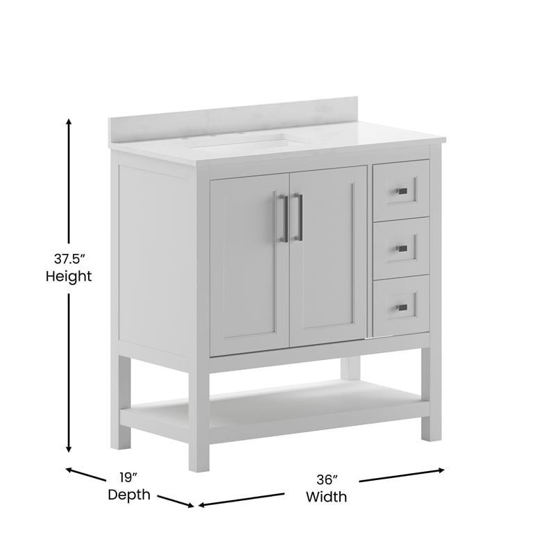 36 Inch Bathroom Vanity with Sink Open Storage and Storage Drawers in White