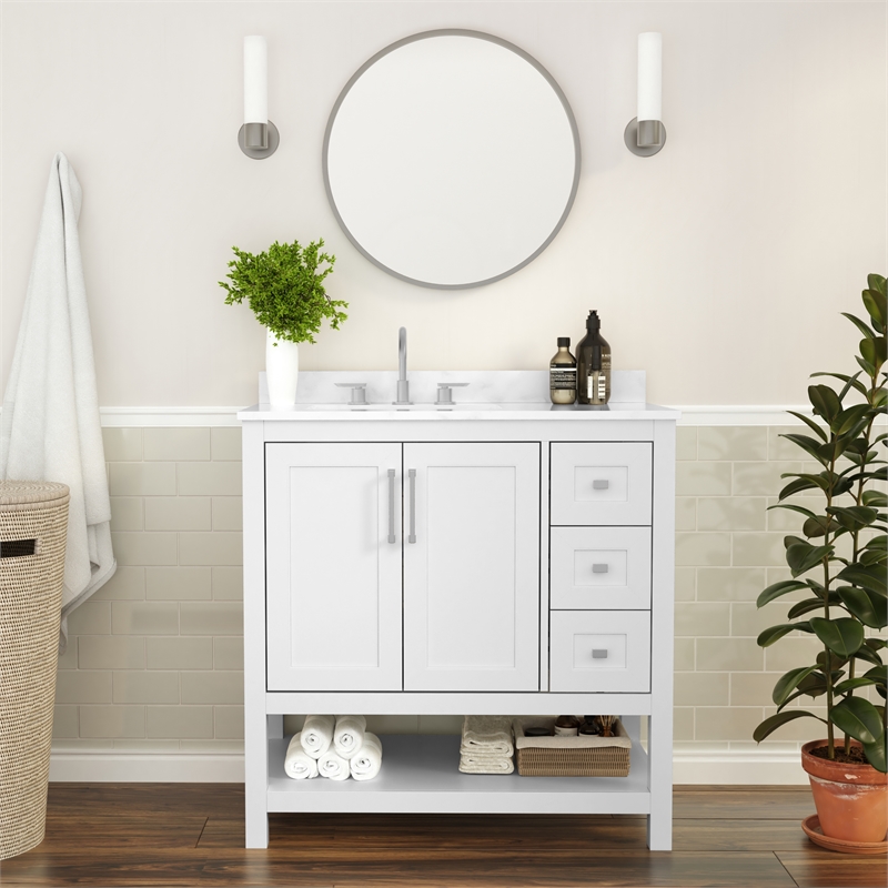 36 Inch Bathroom Vanity with Sink Open Storage and Storage Drawers in White