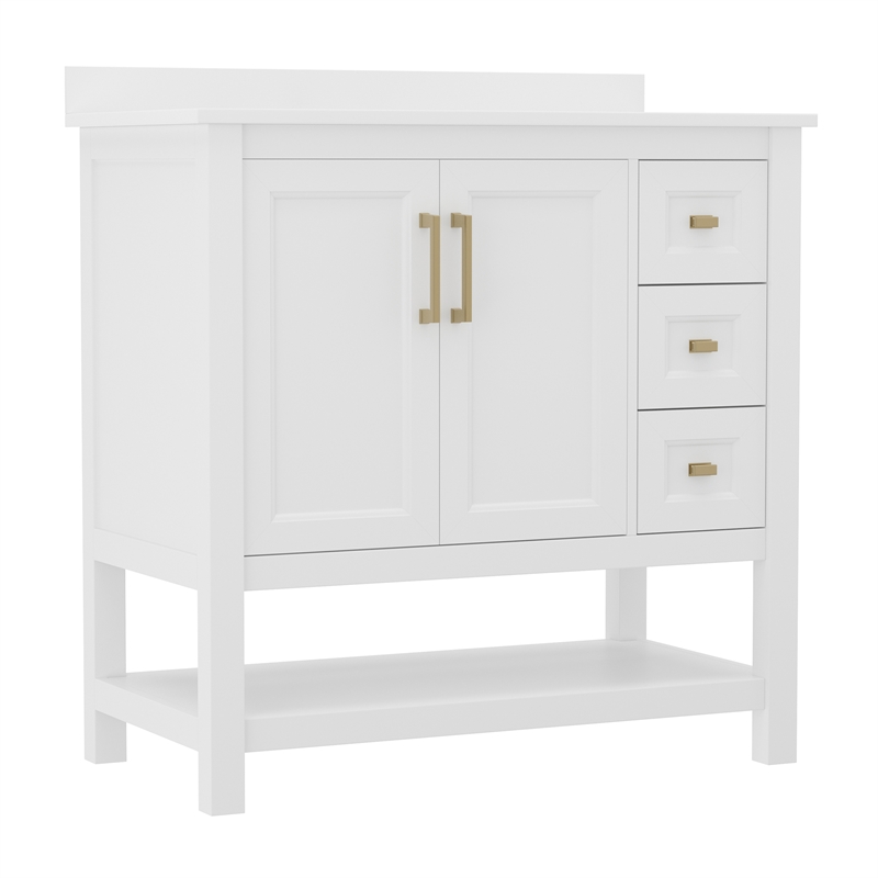 36 Inch Bathroom Vanity with Sink Open Storage and Storage Drawers in Wht/Gold