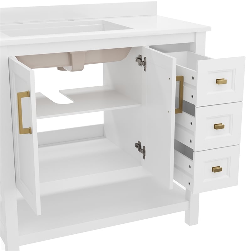 36 Inch Bathroom Vanity with Sink Open Storage and Storage Drawers in Wht/Gold