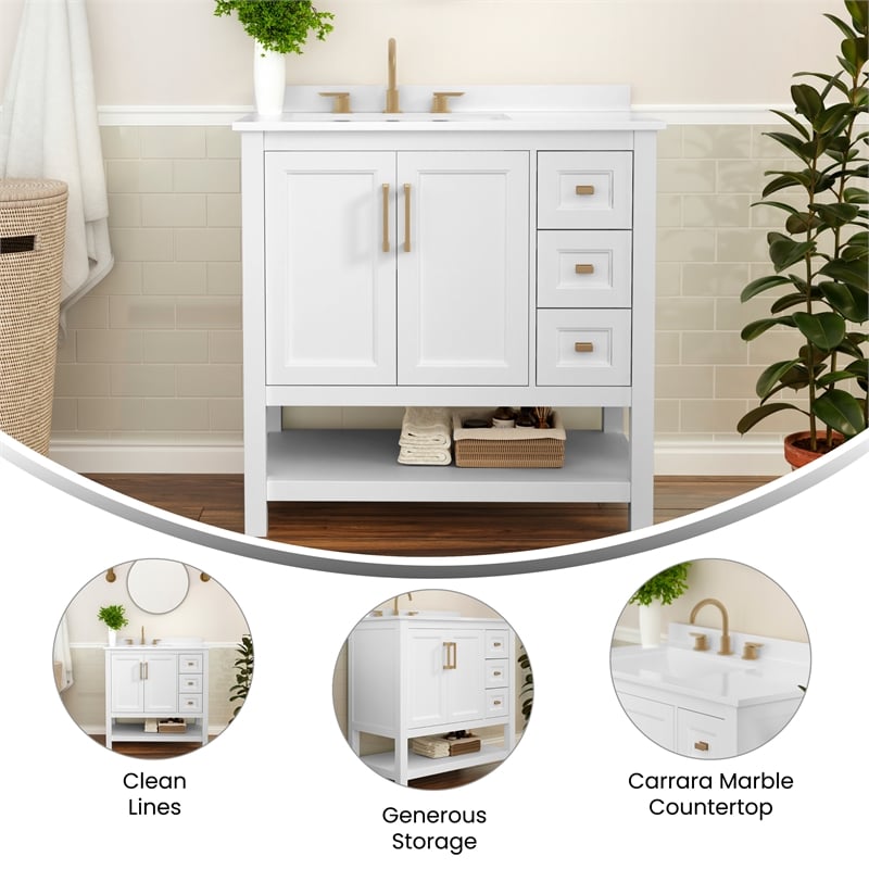 36 Inch Bathroom Vanity with Sink Open Storage and Storage Drawers in Wht/Gold