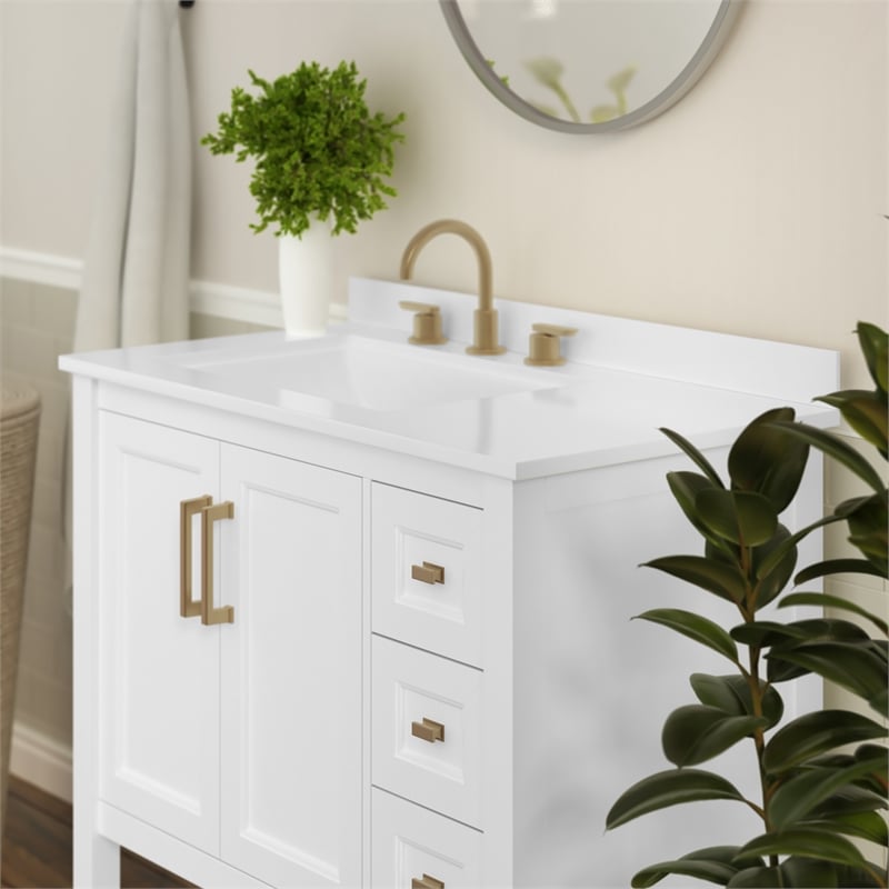 36 Inch Bathroom Vanity with Sink Open Storage and Storage Drawers in Wht/Gold