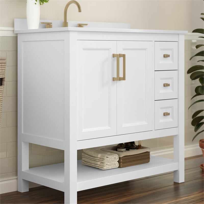 36 Inch Bathroom Vanity with Sink Open Storage and Storage Drawers in Wht/Gold