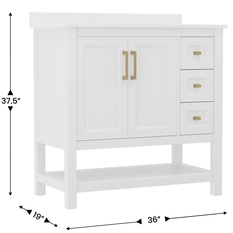 36 Inch Bathroom Vanity with Sink Open Storage and Storage Drawers in Wht/Gold