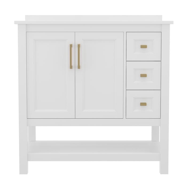 36 Inch Bathroom Vanity with Sink Open Storage and Storage Drawers in Wht/Gold
