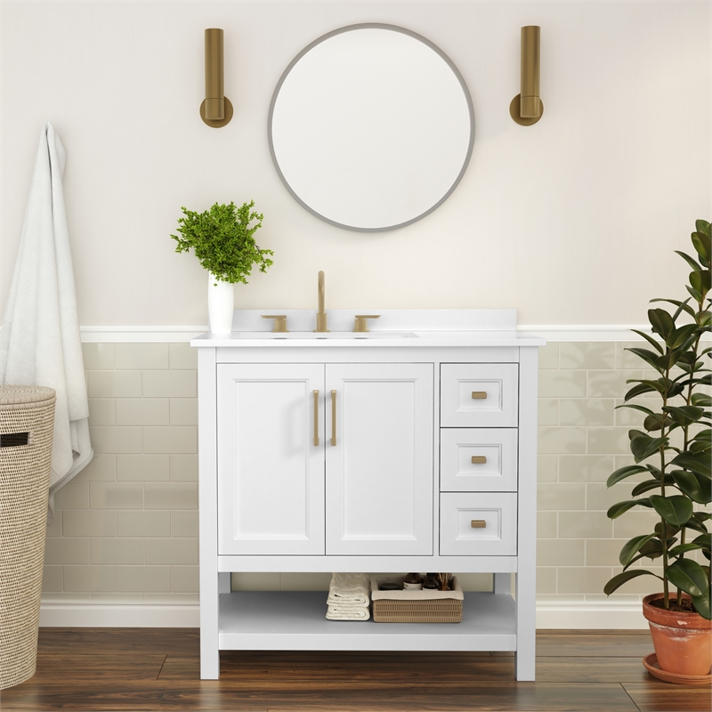 36 Inch Bathroom Vanity with Sink Open Storage and Storage Drawers in Wht/Gold