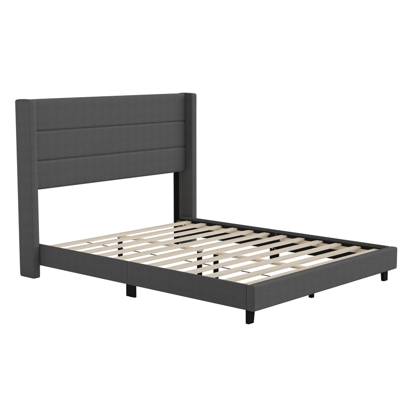 Queen Size Upholstered Platform Bed with Wingback Headboard-Charcoal Faux Linen