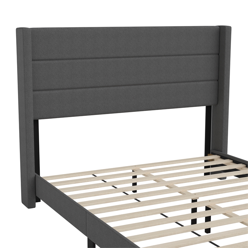 Queen Size Upholstered Platform Bed with Wingback Headboard-Charcoal Faux Linen