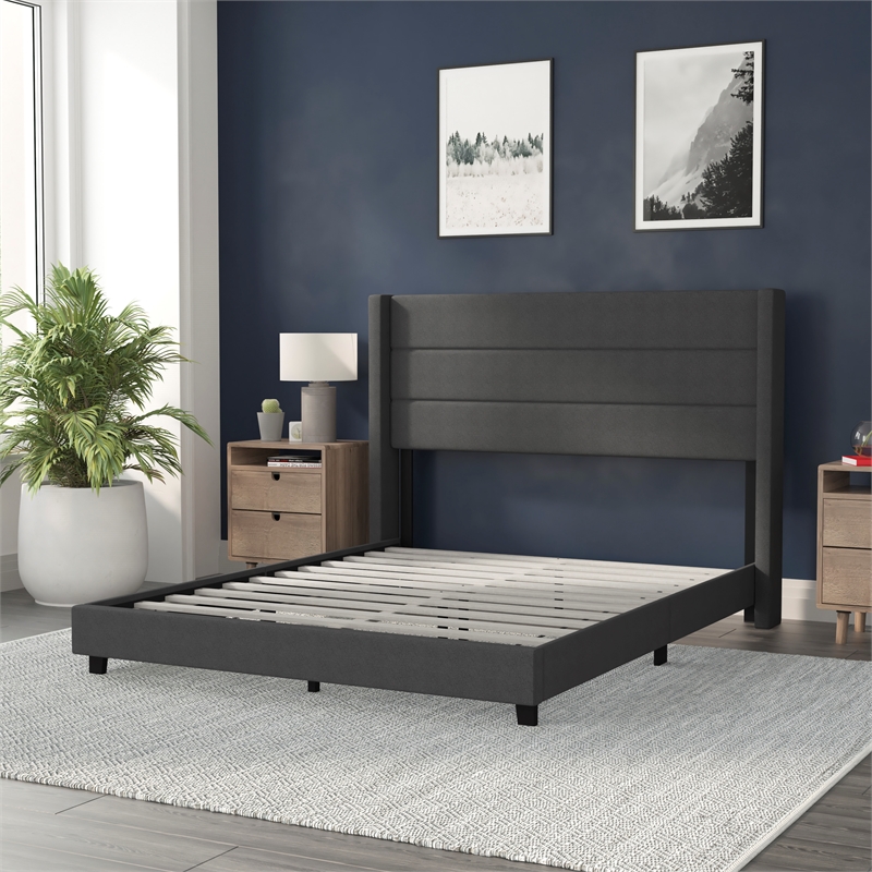 Queen Size Upholstered Platform Bed with Wingback Headboard-Charcoal Faux Linen