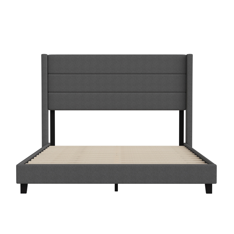 Queen Size Upholstered Platform Bed with Wingback Headboard-Charcoal Faux Linen