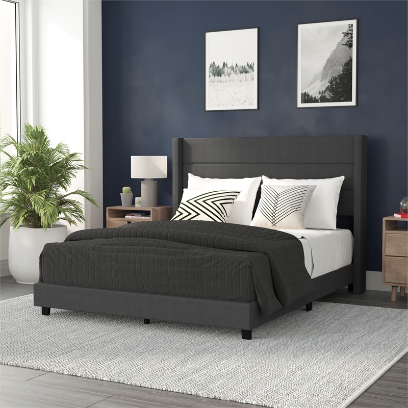 Queen Size Upholstered Platform Bed with Wingback Headboard-Charcoal Faux Linen