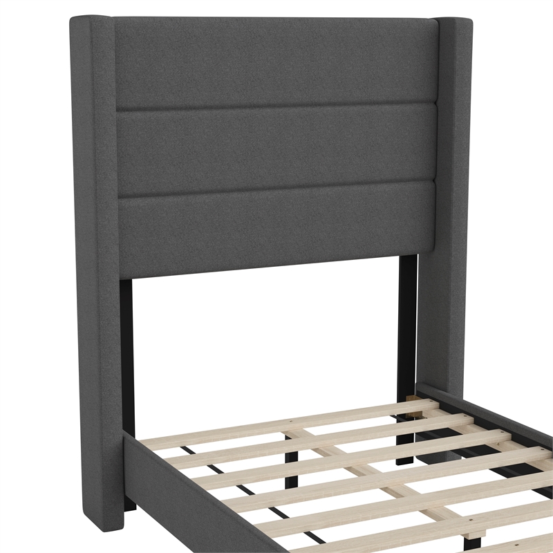 Twin Size Upholstered Platform Bed with Wingback Headboard-Charcoal Faux Linen