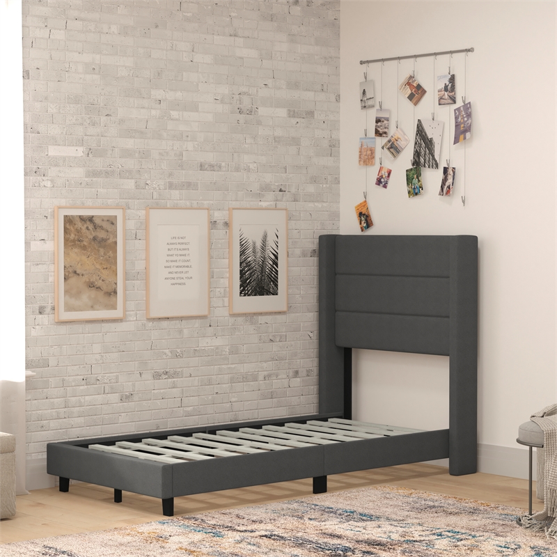 Twin Size Upholstered Platform Bed with Wingback Headboard-Charcoal Faux Linen