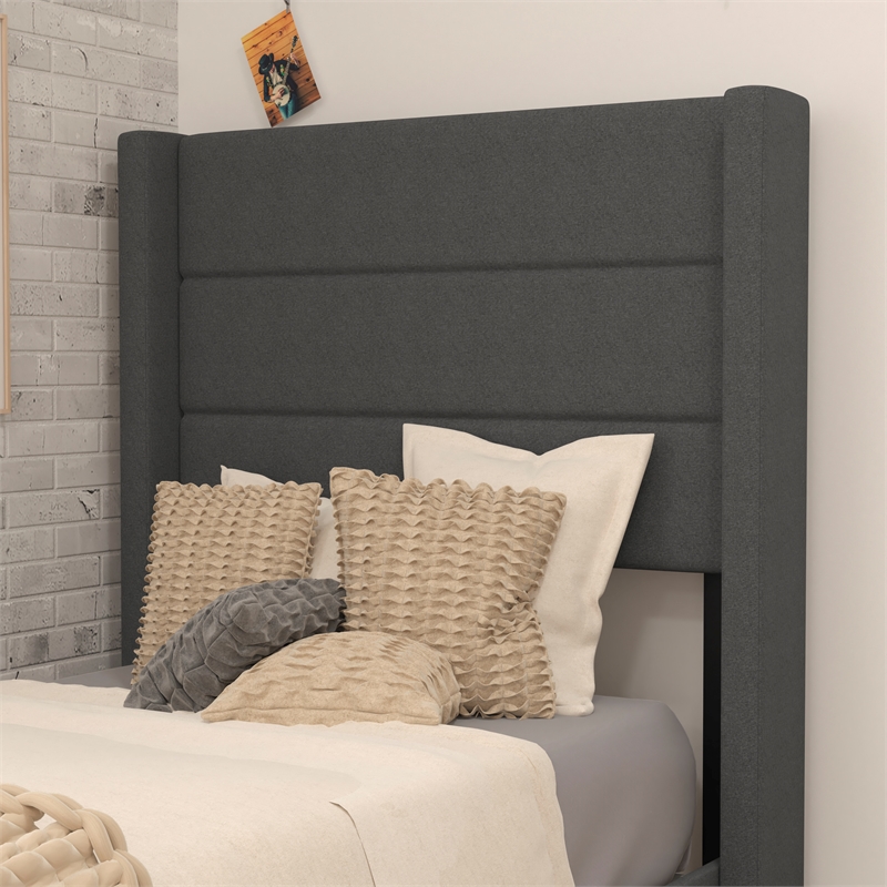 Twin Size Upholstered Platform Bed with Wingback Headboard-Charcoal Faux Linen