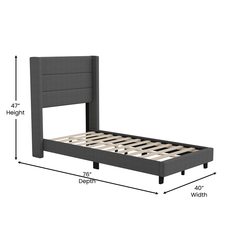 Twin Size Upholstered Platform Bed with Wingback Headboard-Charcoal Faux Linen