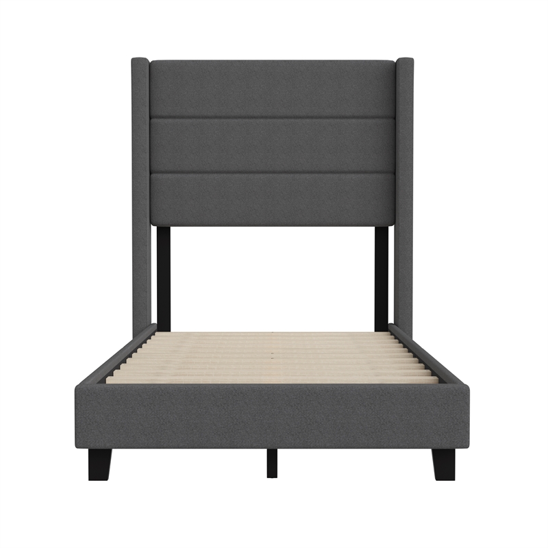 Twin Size Upholstered Platform Bed with Wingback Headboard-Charcoal Faux Linen