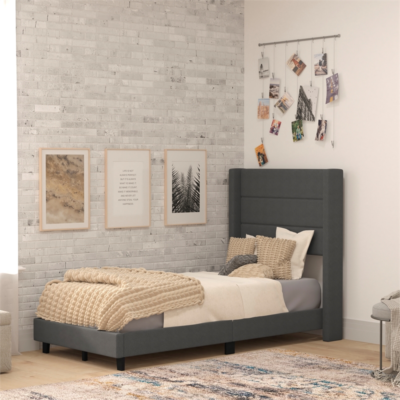 Twin Size Upholstered Platform Bed with Wingback Headboard-Charcoal Faux Linen