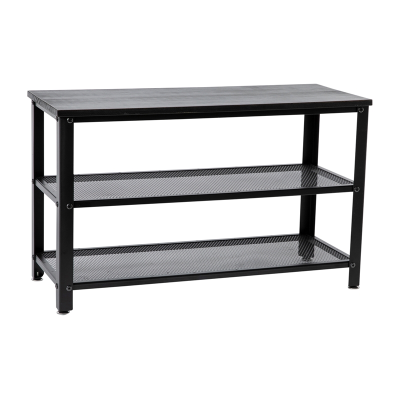 3-Tier Entryway Bench with Mesh Metal Shoe Storage Shelves in Blackwash
