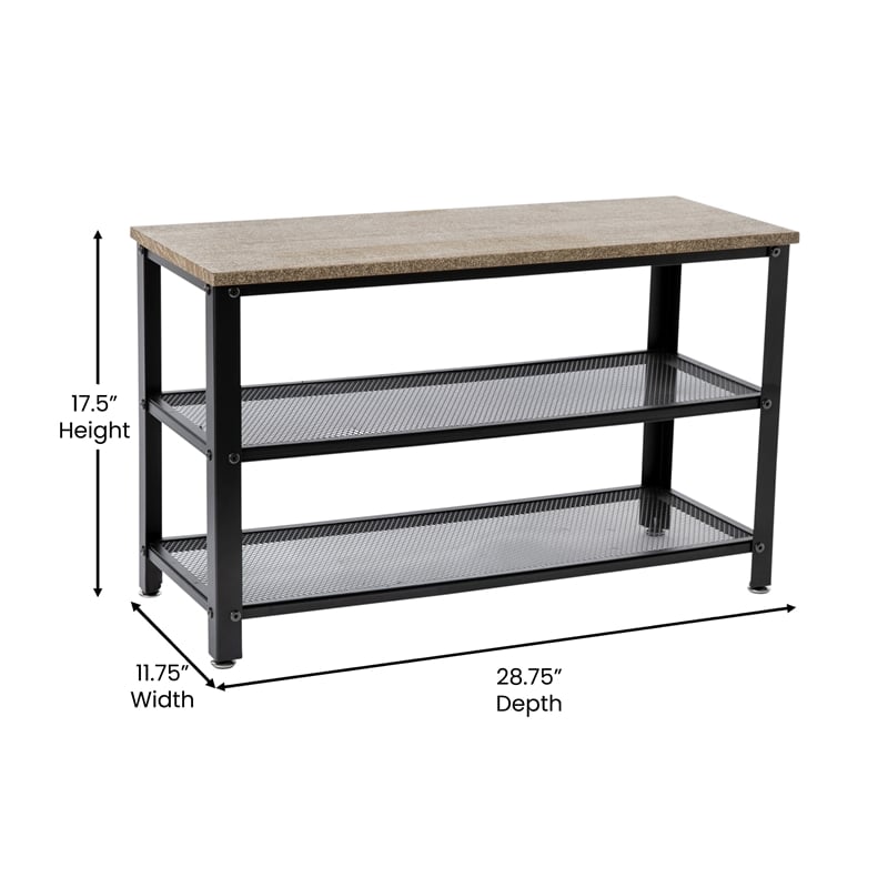 3-Tier Entryway Bench with Mesh Metal Shoe Storage Shelves in Weathered Wood