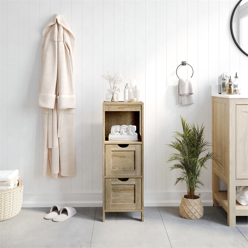 Farmhouse Bathroom Storage Organizer with 2 Drawers and Open Shelf in Brown