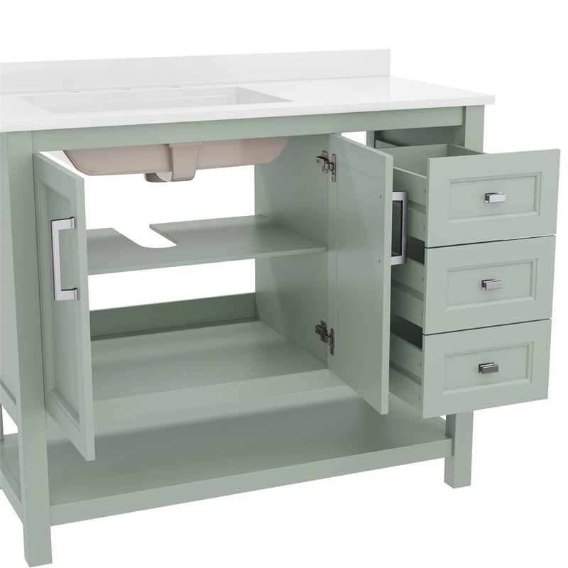 42 Inch Bathroom Vanity with Sink Open Storage and Storage Drawers in Sage
