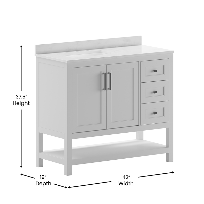 42 Inch Bathroom Vanity with Sink Open Storage and Storage Drawers in White