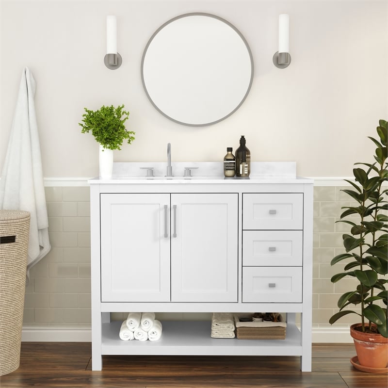 42 Inch Bathroom Vanity with Sink Open Storage and Storage Drawers in White