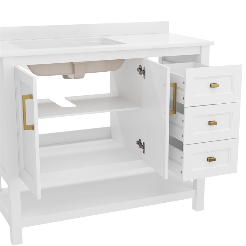 42 Inch Bathroom Vanity with Sink Open Storage and Storage Drawers in Wht/Gold