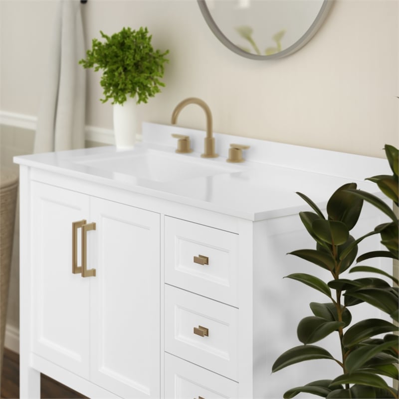 42 Inch Bathroom Vanity with Sink Open Storage and Storage Drawers in Wht/Gold