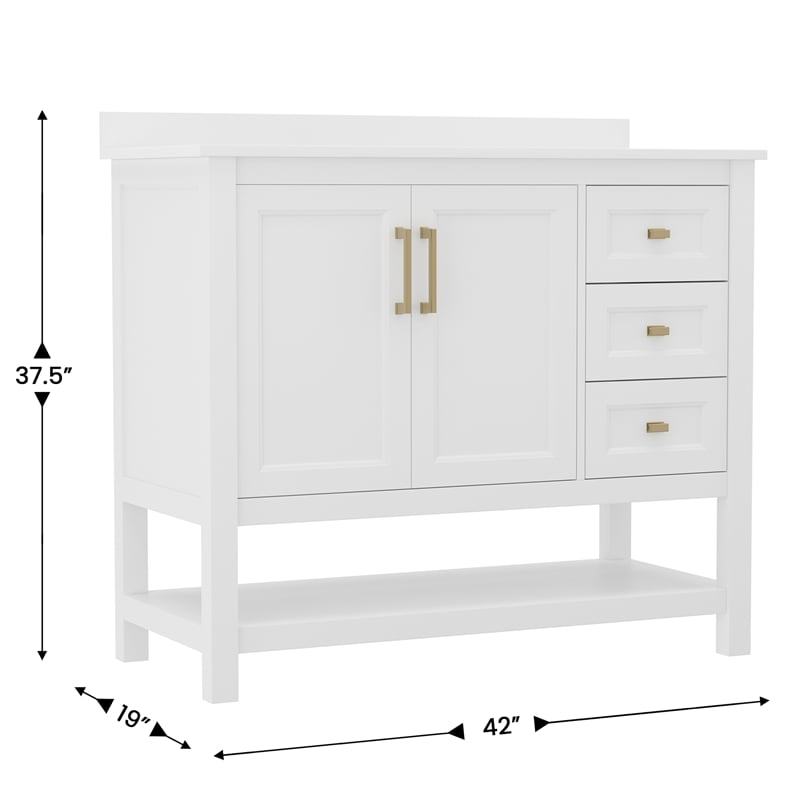 42 Inch Bathroom Vanity with Sink Open Storage and Storage Drawers in Wht/Gold