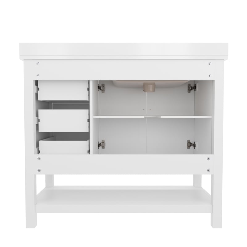42 Inch Bathroom Vanity with Sink Open Storage and Storage Drawers in Wht/Gold