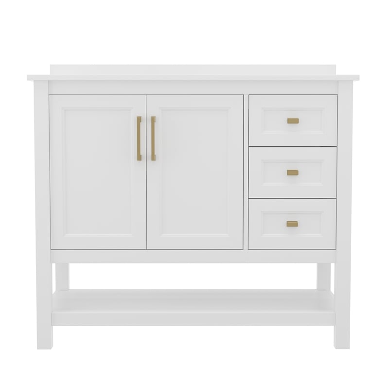 42 Inch Bathroom Vanity with Sink Open Storage and Storage Drawers in Wht/Gold