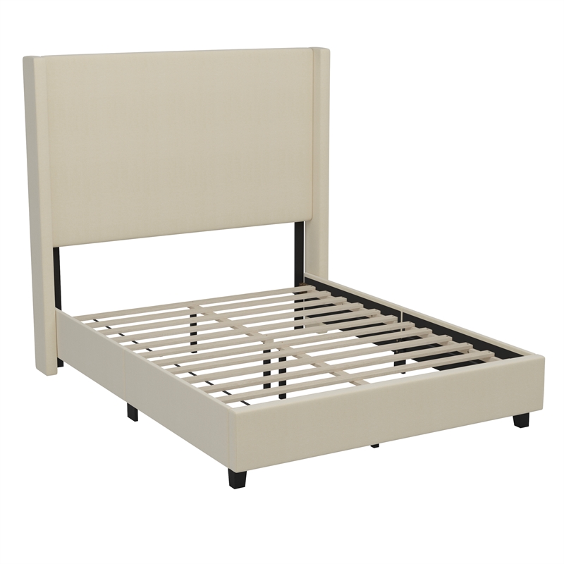 Full Size Upholstered Platform Bed with Channel Stitched Headboard in Beige