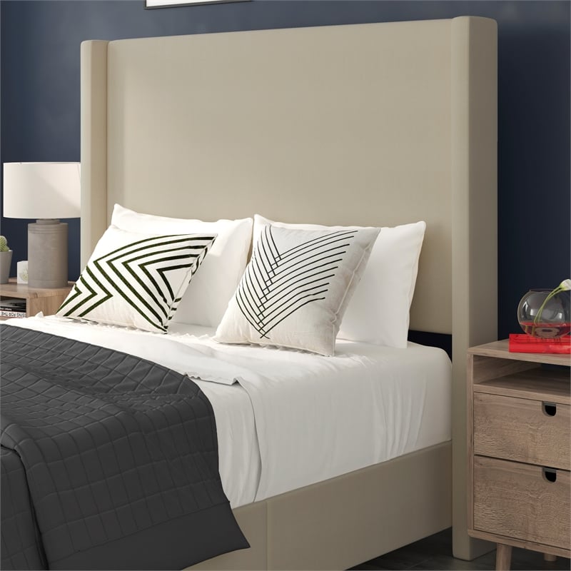 Full Size Upholstered Platform Bed with Channel Stitched Headboard in Beige