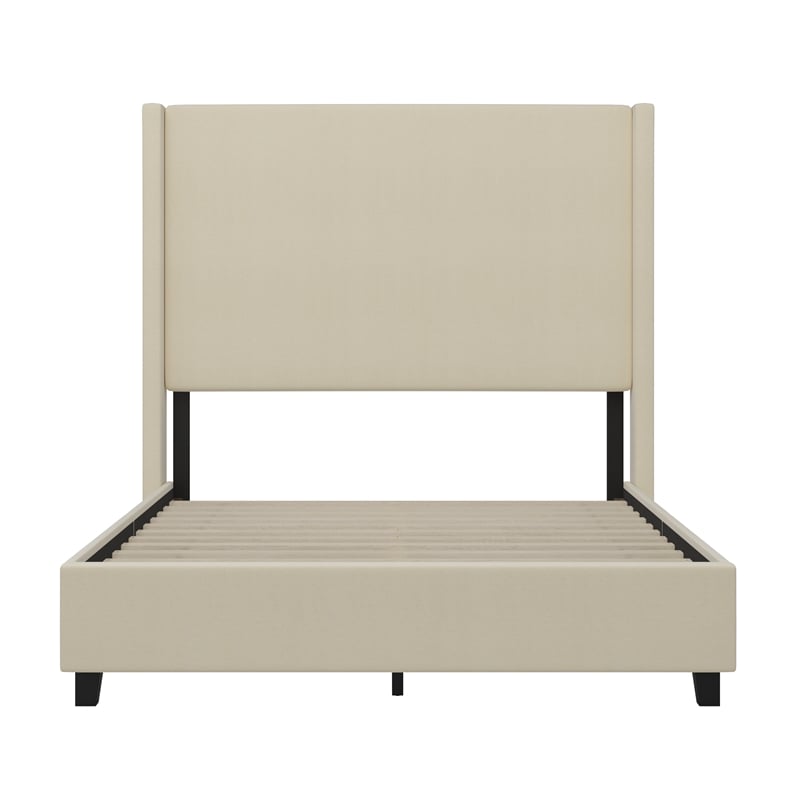 Full Size Upholstered Platform Bed with Channel Stitched Headboard in Beige